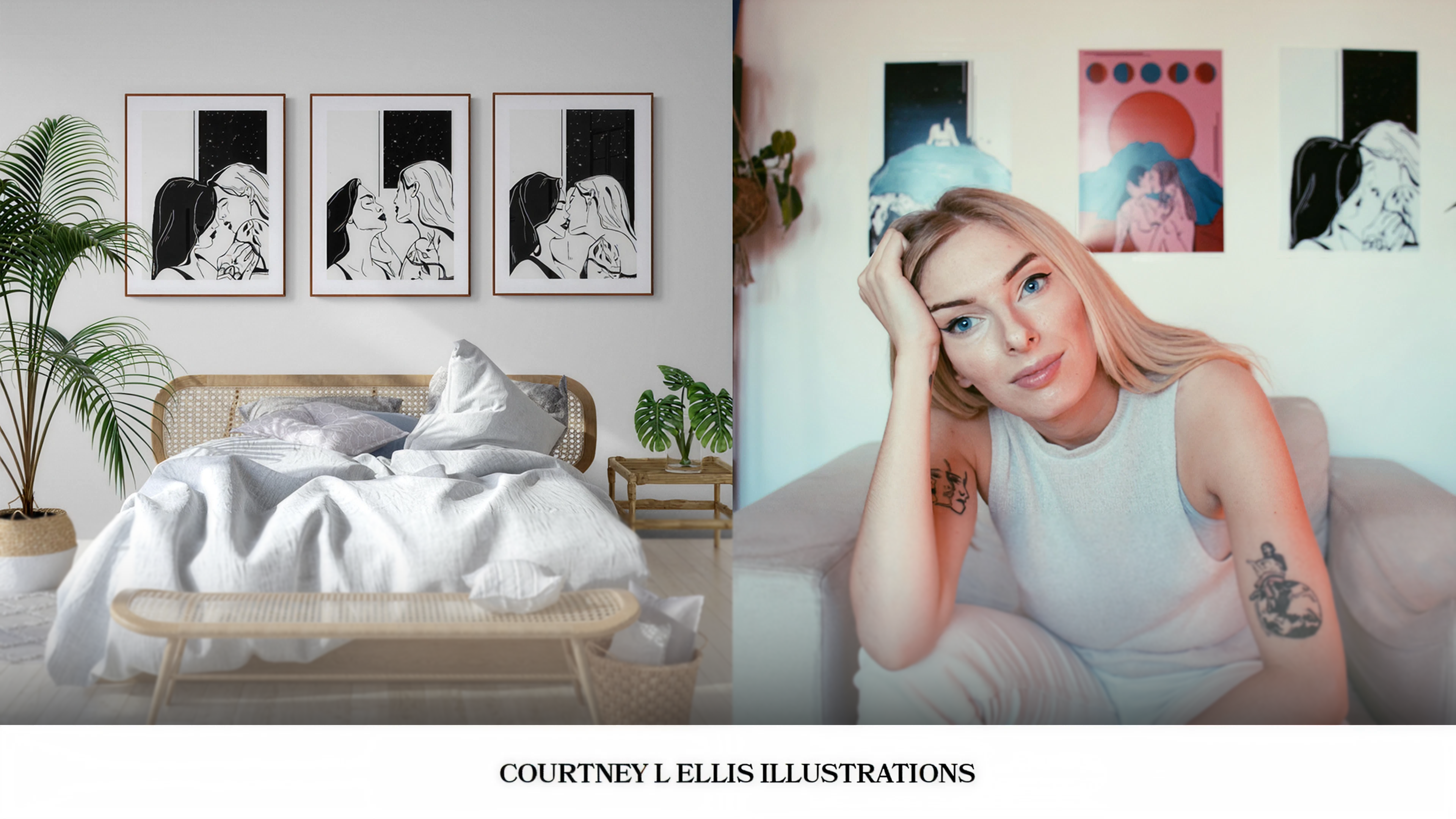 Bedroom with framed lesbian art on the wall. With queer London and Sydney-based artist Courtney L Ellis Illustrations sitting on a couch.