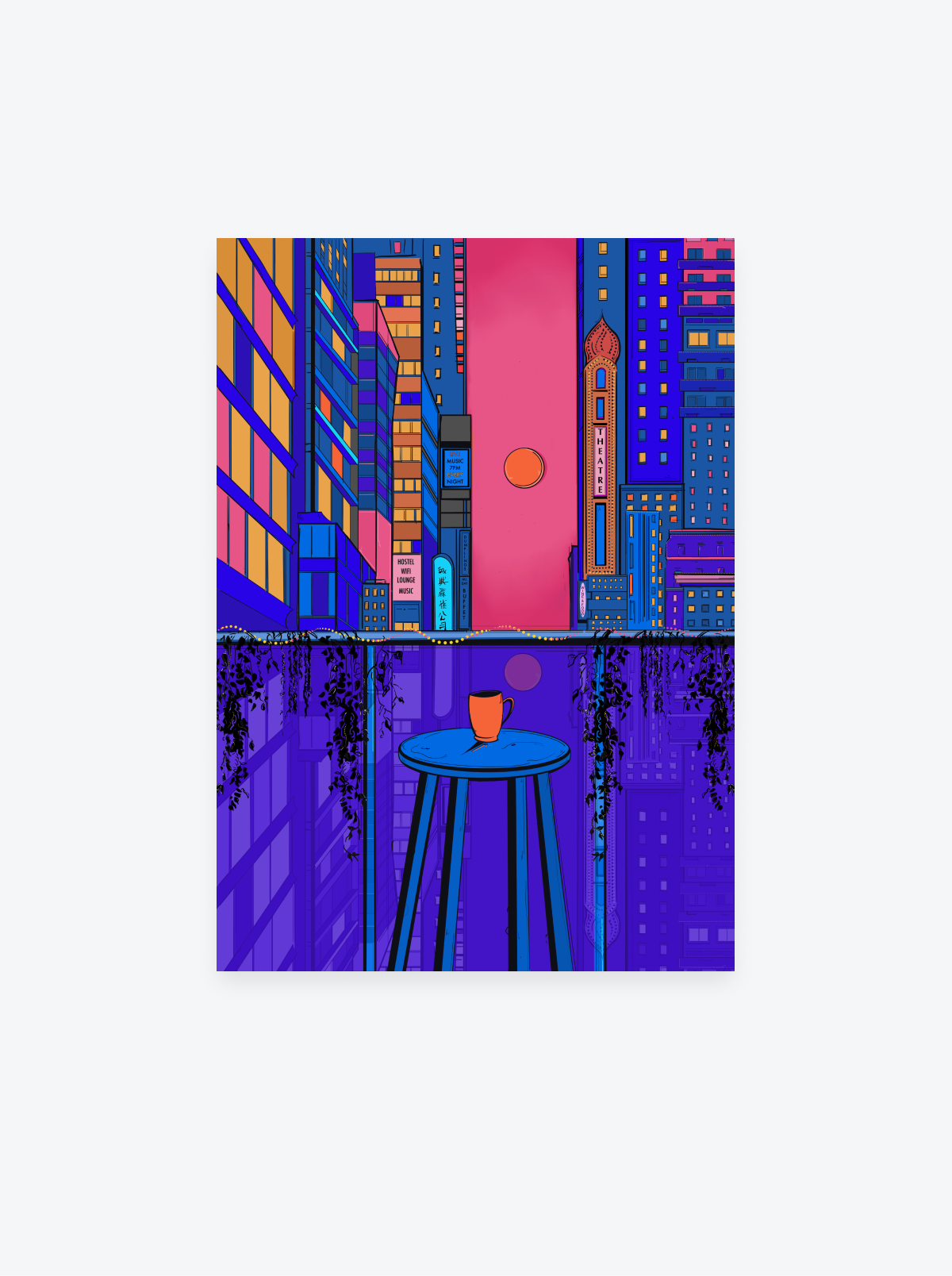 Drink More Coffee – Queer Night City Balcony Art Print