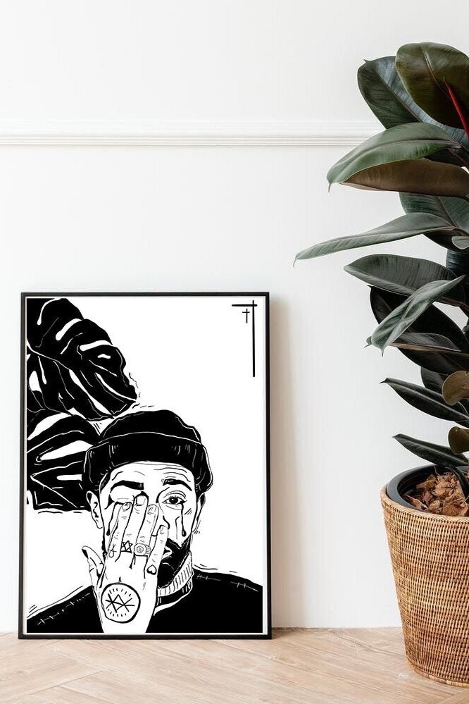 Art print by LGBTQ+ Artist Courtney L Ellis Illustrations of a tattooed man crying balck and white drawing wall art home decor gifts gay friendly diverse
