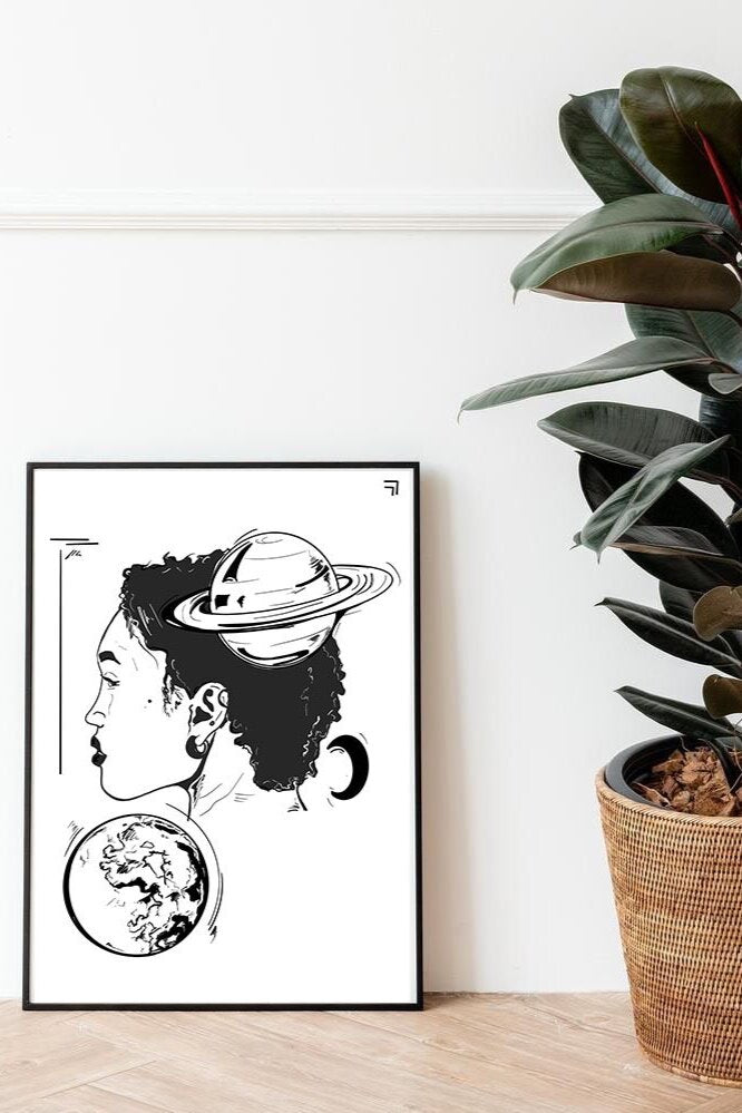 Courtney L Ellis Illustrations Art print by LGBTQ+ Illustration Artist Courtney Ellis. Wall art home decor and gifts. Cancerian art print of a cancerian cancer woman with the moon around her she is shy like a cancerian black and white artwork line drawings
