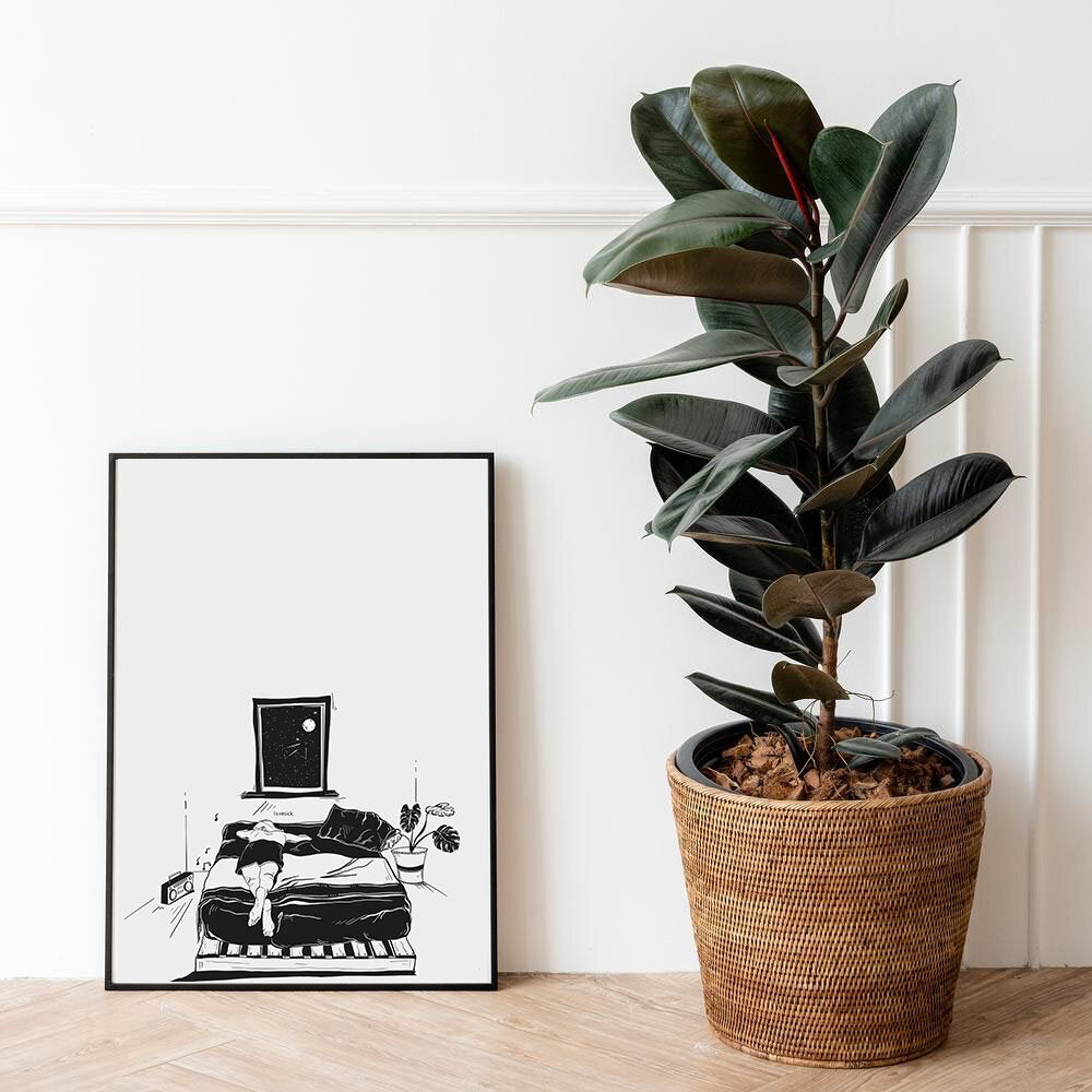 Courtney L Ellis Illustrations Art print by LGBTQ+ Illustration Artist Courtney Ellis. Wall art home decor and gifts. Lovesick girl lied in bed with music playing and moon out her window. soulful and meaningful artwork. Black and white line drawing. Plants. Home interior.