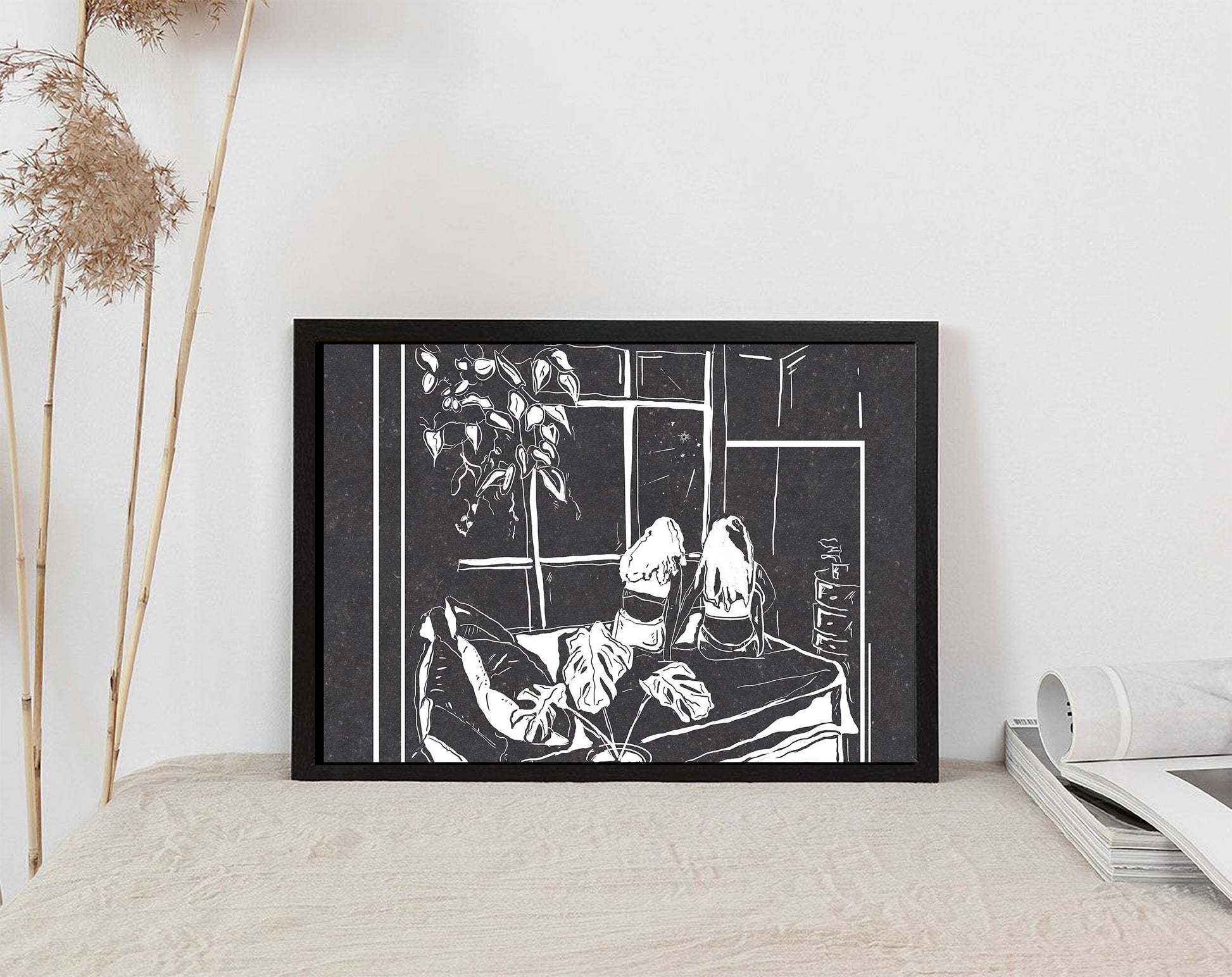 Courtney L Ellis Illustrations Art print by LGBTQ+ Illustration Artist Courtney Ellis. Wall art home decor and gifts. Two female friends holding hands supporting each other sat on a bed watching a shooting star. Black and white art print