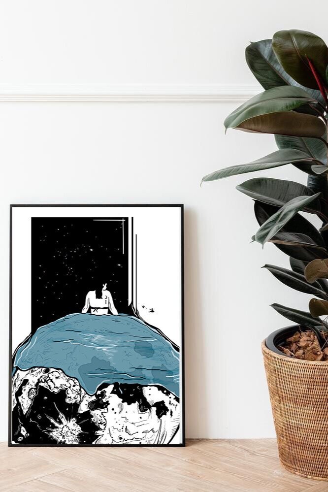 Courtney L Ellis Illustrations Art print by LGBTQ+ Illustration Artist Courtney Ellis. Wall art home decor and gifts. Black and white art piece drawing of a girl sitting on the moon night sky looking out daydreaming full moon feelings inspired by poet Sabrina Benaim Depression and Other Magic Tricks.