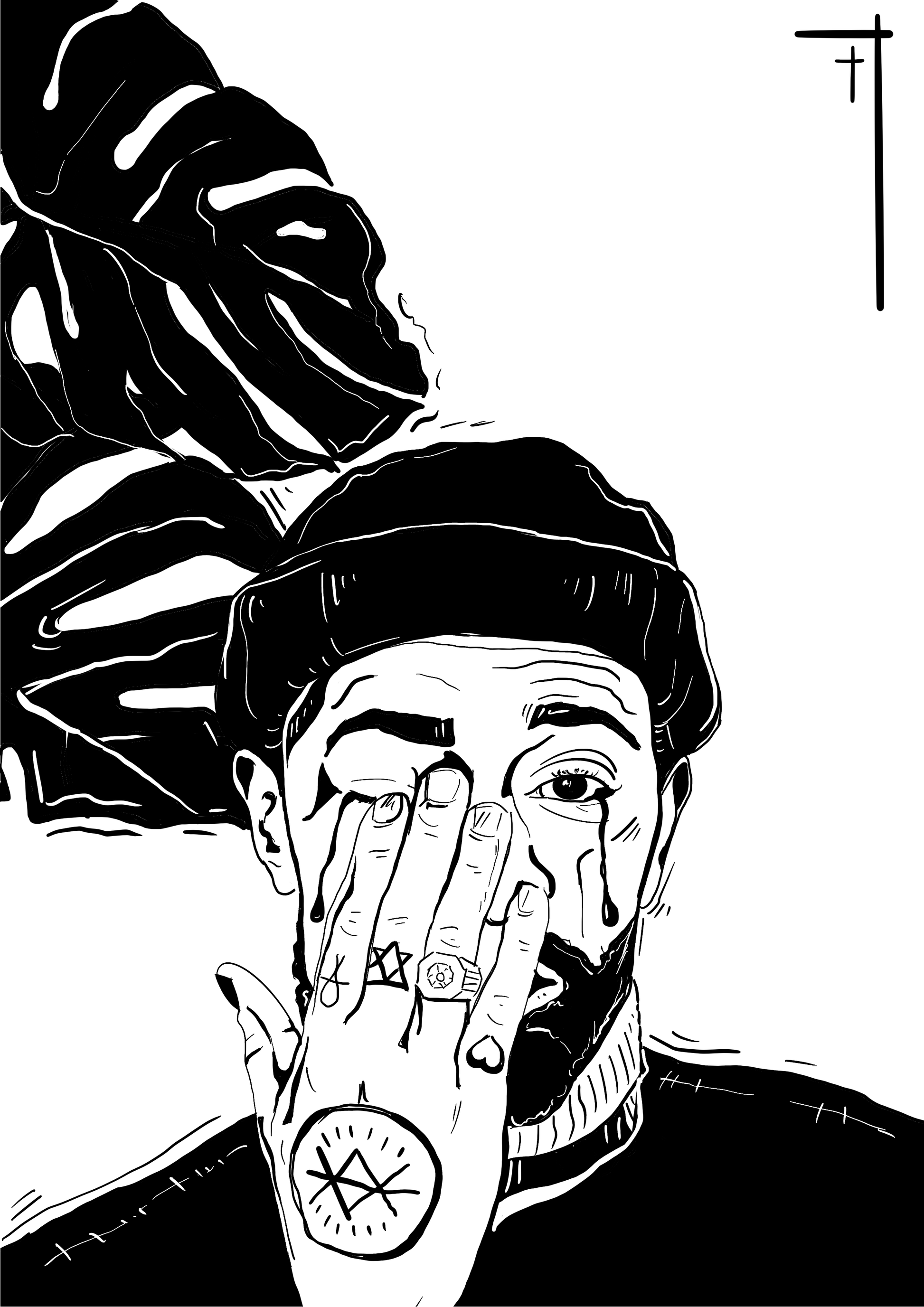 art print by LGBTQ+ artist Courtney L Ellis Illustrations of a tattooed man crying balck and white drawing wall art home decor gifts gay friendly diverse