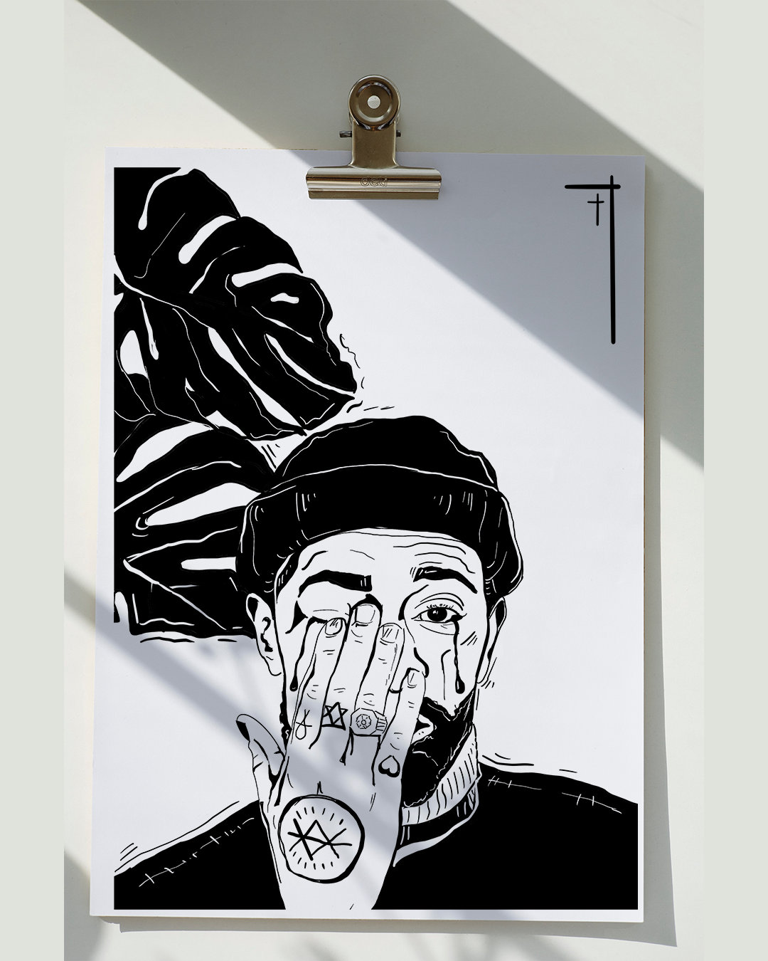 art print by LGBTQ+ artist Courtney L Ellis Illustrations of a tattooed man crying balck and white drawing wall art home decor gifts gay friendly diverse toxic masculinity boys cry too its okay too cry tattoos