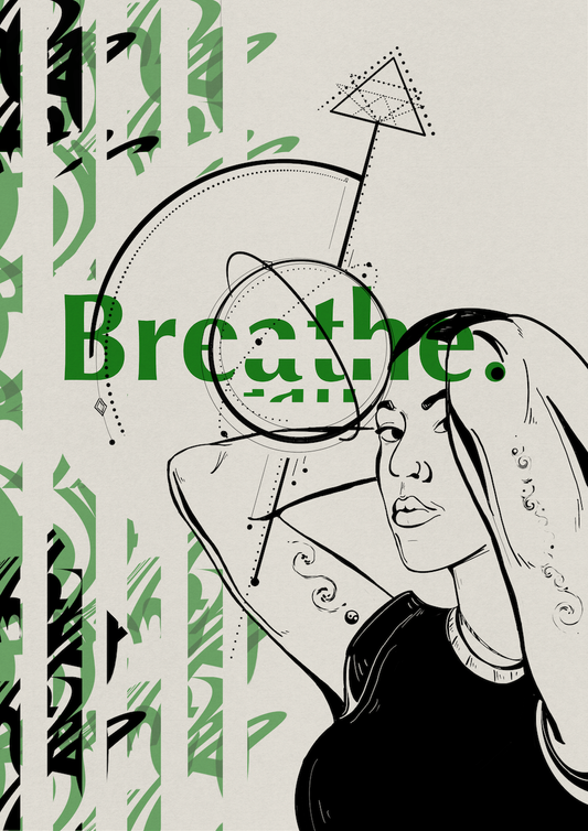 Art print by LGBTQ+ Illustration Artist Courtney L Ellis Illustrations Tattooed Queer Woman Green Text That Says Breathe. Drawing of a Cool Girl. Cool Art Print. Wall art Home Decor