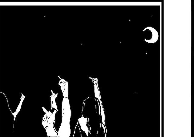 Art print by LGBTQ+ Illustration Artist Courtney L Ellis Illustrations. Black and white drawing of women under the moon swearing feminism self love acceptance 
