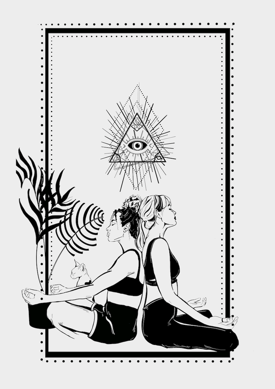 Courtney L Ellis Illustrations Art print by LGBTQ+ Illustration Artist Courtney Ellis. Wall art home decor and gifts. Black and white art print of two women and a small cute cat together doing yoga and meditation they say to each other "you have got this" spiritual artwork 