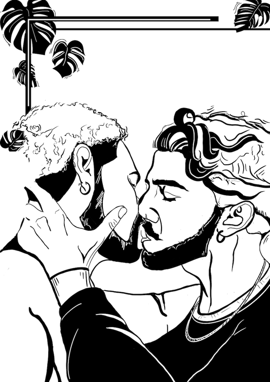 Courtney L Ellis Illustrations Art print by LGBTQ+ Illustration Artist Courtney Ellis. Wall art home decor and gifts. Art print of two gay guys kissing each other with plants surrounding them black and white art work