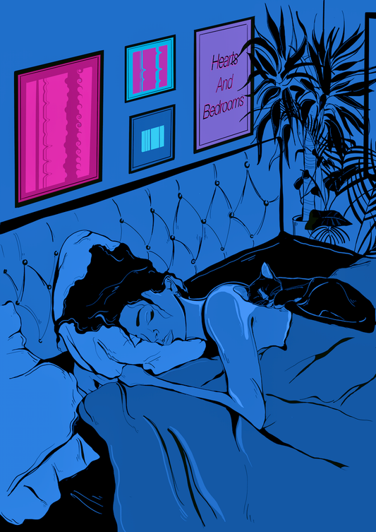 Courtney L Ellis Illustrations Art print by LGBTQ+ Illustration Artist Courtney Ellis. Wall art home decor and gifts. Blue art print of a woman sleeping on bed with her cat sleeping with her plants and pink posters around her.