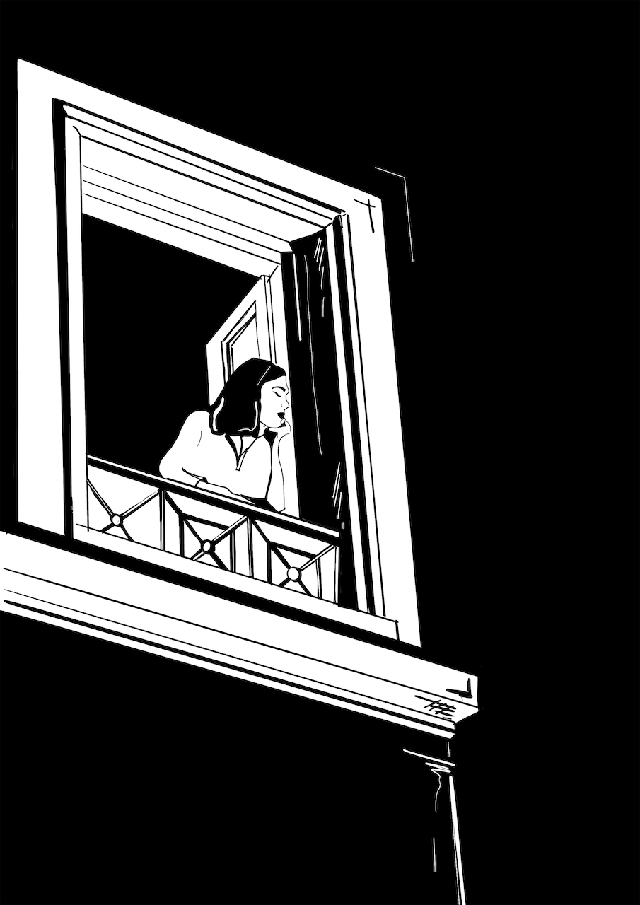 Courtney L Ellis Illustrations Art print by LGBTQ+ Illustration Artist Courtney Ellis. Wall art home decor and gifts. Woman daydreaming out her window. Black and white drawing.