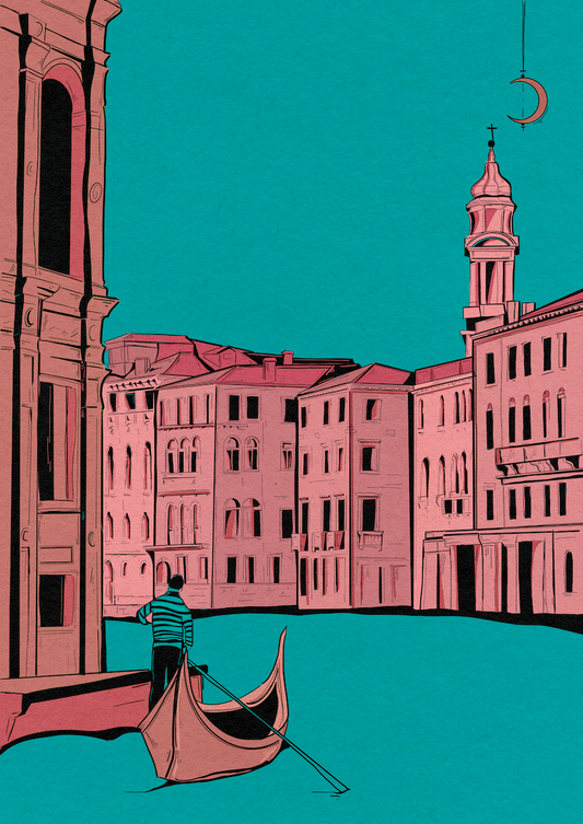 Courtney L Ellis Illustrations Art print by LGBTQ+ Illustration Artist Courtney Ellis. Wall art home decor and gifts. Image of venic Italy. Pink and cyan blue architectural drawing of Venice city and gondola. Italian Art.