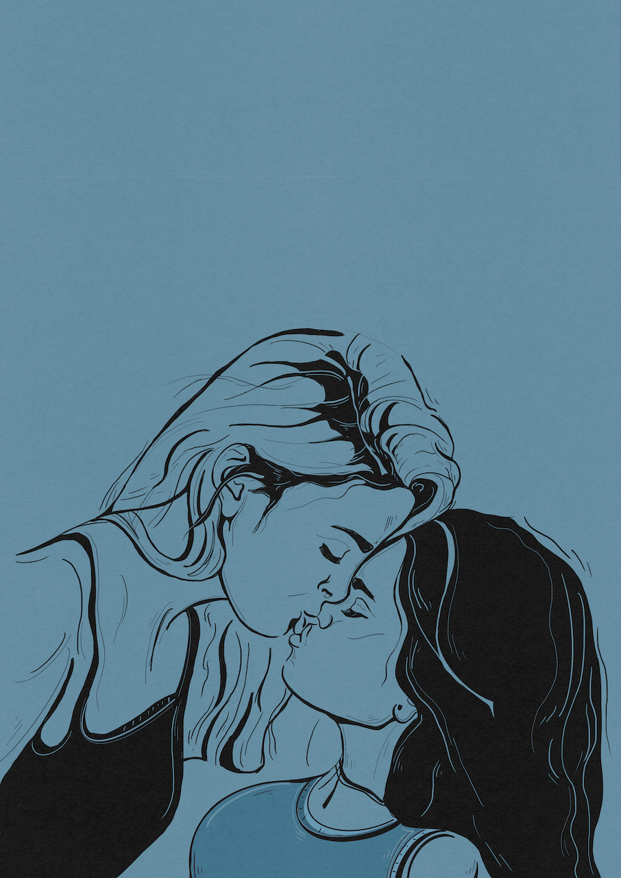 Lesbian Art print by LGBTQ+ artist Courtney L Ellis Illustrations Lesbian art perfect for wall art home decor or as a gift artwork blue background of two women kissing line drawing art print