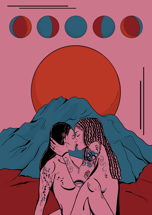Courtney L Ellis Illustrations Art print by LGBTQ+ Illustration Artist Courtney Ellis. Wall art home decor and gifts. Lesbian couple kissing with a mountain and red sun behind them beautiful tatoos and moon phases geometric artwork bold vibrant colourful details meaningful art soulful art gay art lesbian art female art female gaze bisexual queer