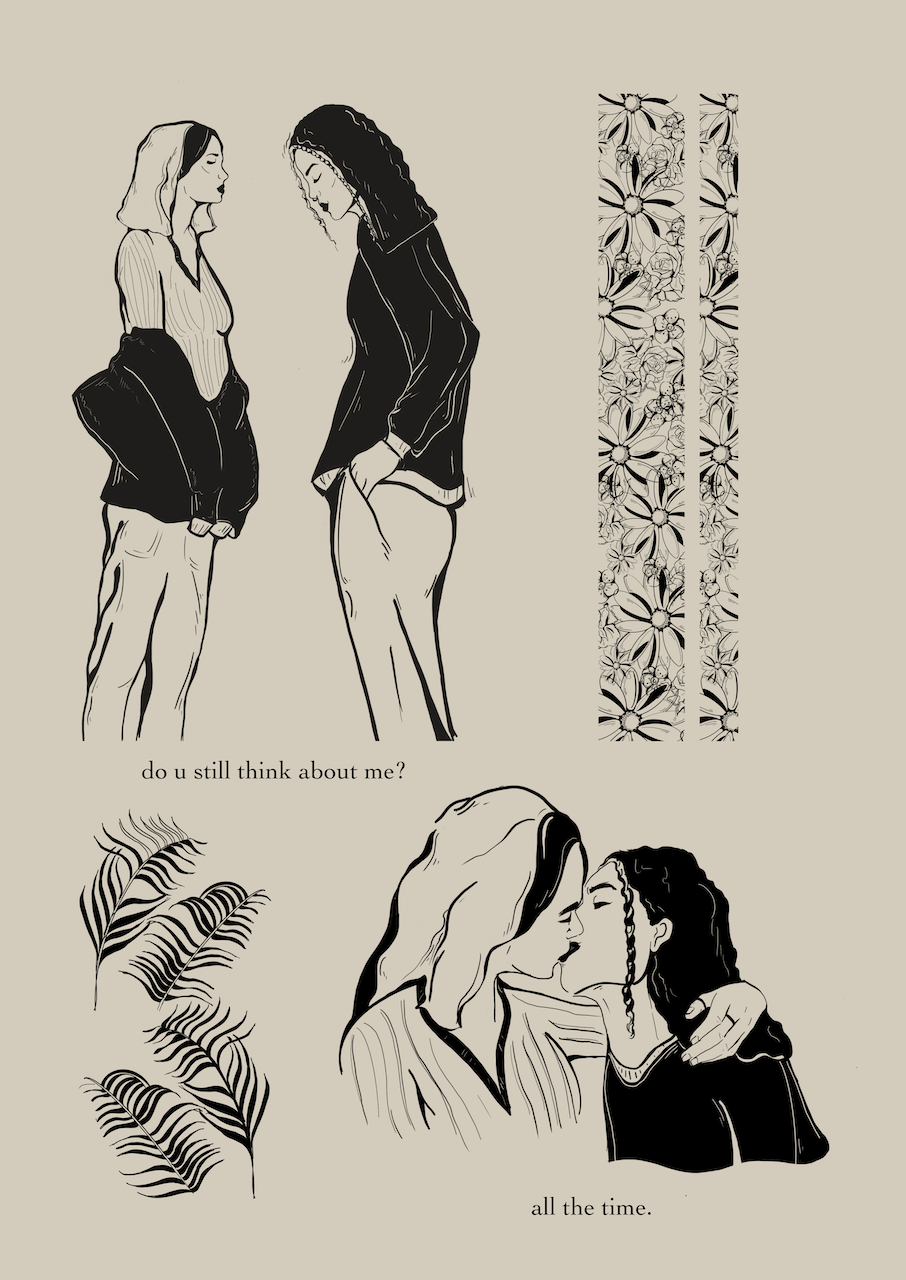 Courtney L Ellis Illustrations Art print by LGBTQ+ Illustration Artist Courtney Ellis. Wall art home decor and gifts. Artwork of lesbian couple one girl asks the other "do you think of me" the other girl responds "all the time" they kiss each other and make up. Black and white artwork print.