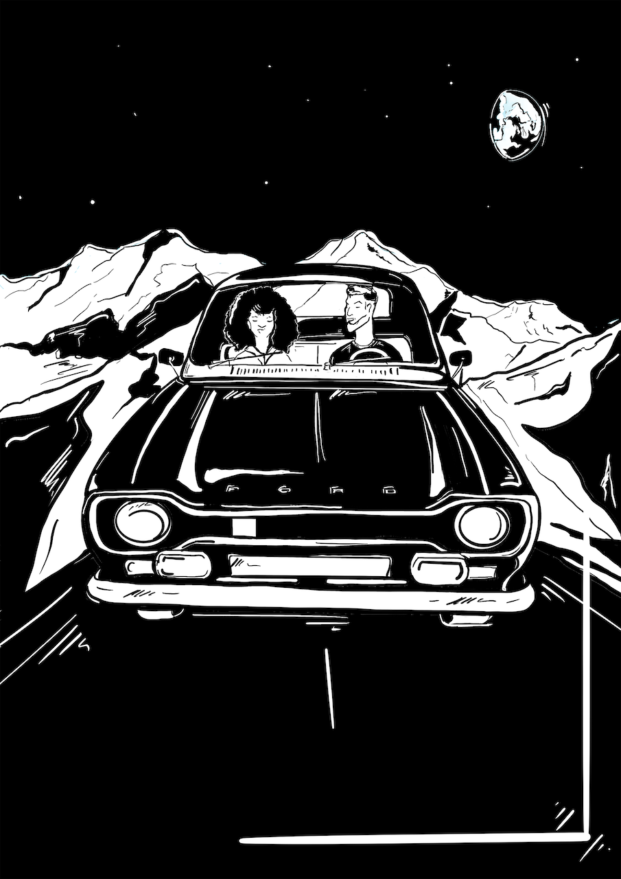 Courtney L Ellis Illustrations Art print by LGBTQ+ Illustration Artist Courtney Ellis. Wall art home decor and gifts. Interracial couple on a late night drive in a vintage ford car with the moon shining on them driving through mountains couple romantic. black and white art