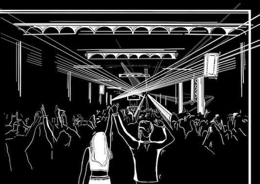 Courtney L Ellis Illustrations Art print by LGBTQ+ Illustration Artist Courtney Ellis. Wall art home decor and gifts. Black and white image of couple raving at Manchester warehouse project. Couple holding hands dancing.