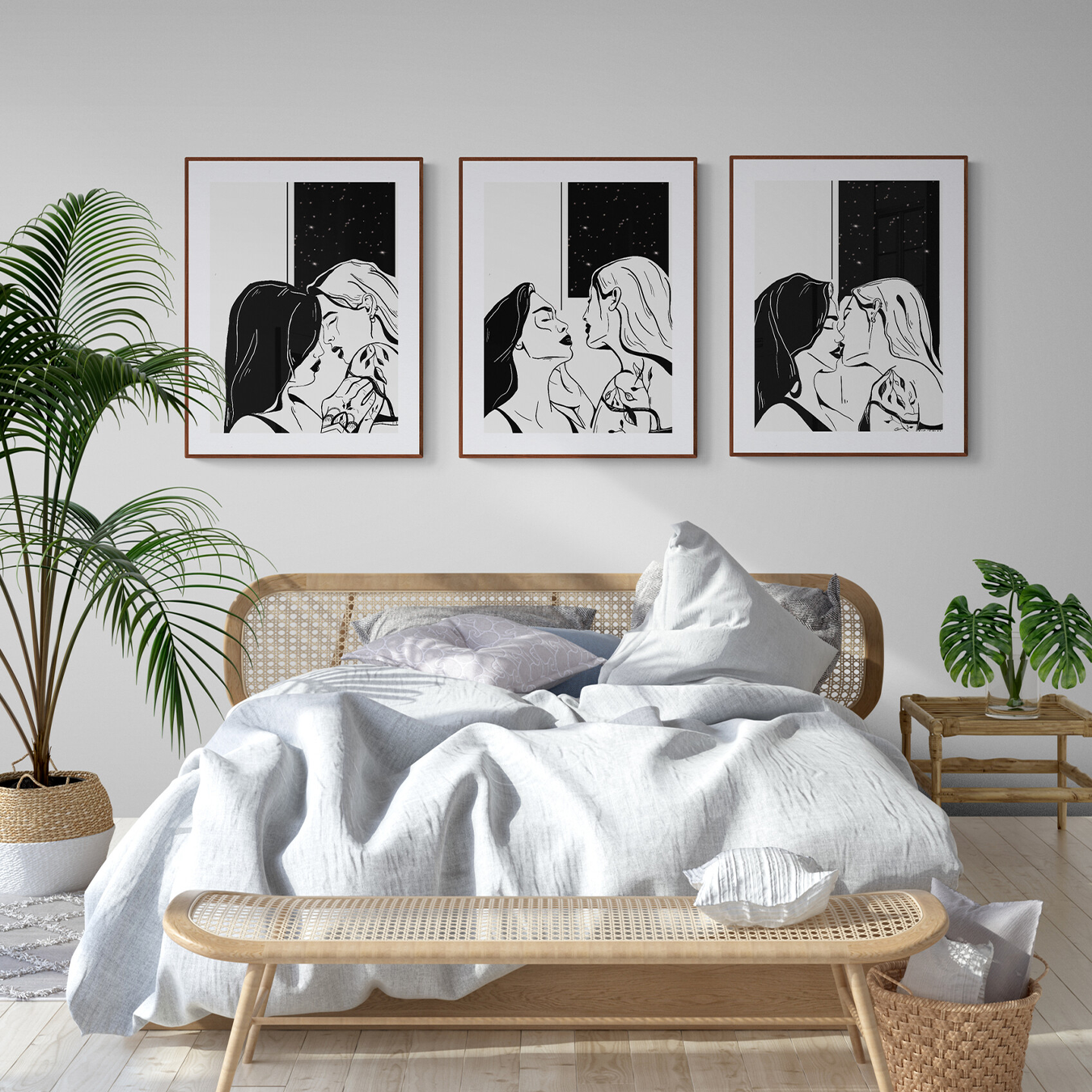 Courtney L Ellis Illustrations Art print by LGBTQ+ Illustration Artist Courtney Ellis. Wall art home decor and gifts. Set of 3 Art Prints wall decor of lesbians kissing A6, A4, A3.  Black and white art women in love sapphic love