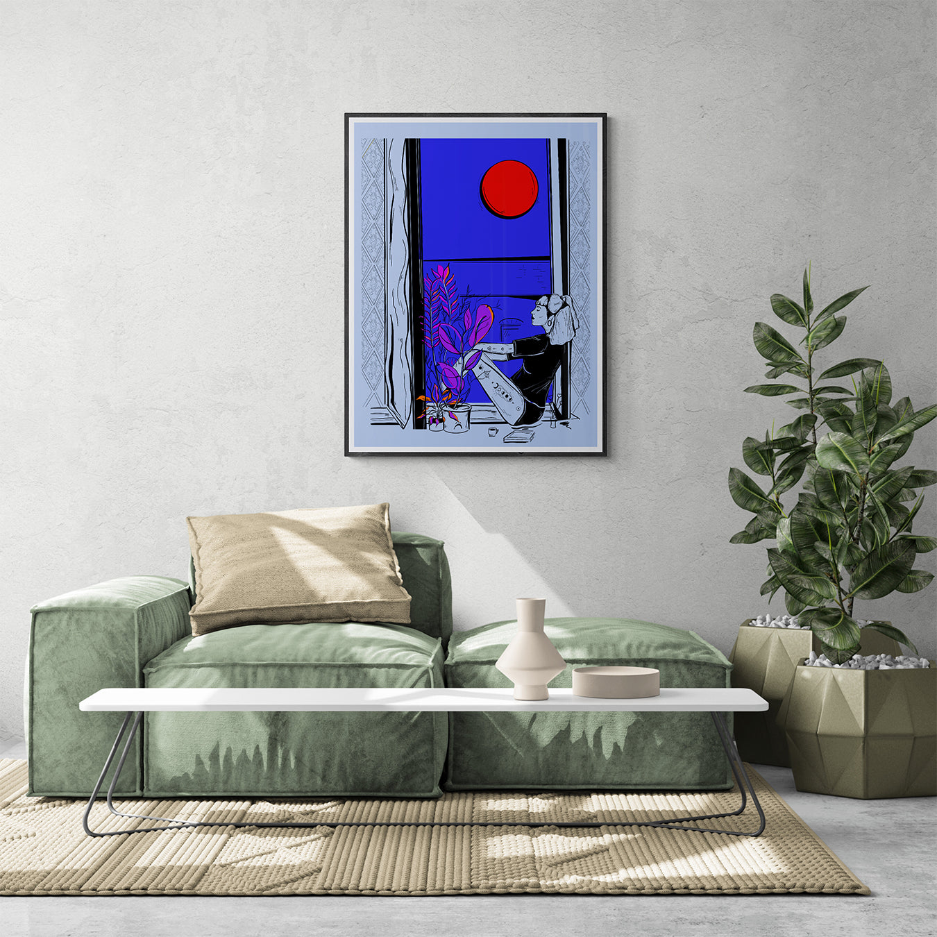 Courtney L Ellis Illustrations Art print by LGBTQ+ Illustration Artist Courtney Ellis. Wall art home decor and gifts. Blue Artwork of a tattooed girl sitting by her city window calmly reflecting with her plants and coffee vibrant colours and soulful
