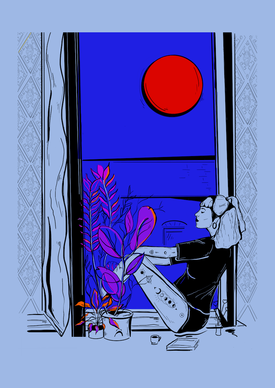 Courtney L Ellis Illustrations Art print by LGBTQ+ Illustration Artist Courtney Ellis. Wall art home decor and gifts. Blue Artwork of a tattooed girl sitting by her city window calmly reflecting with her plants and coffee vibrant colours and soulful