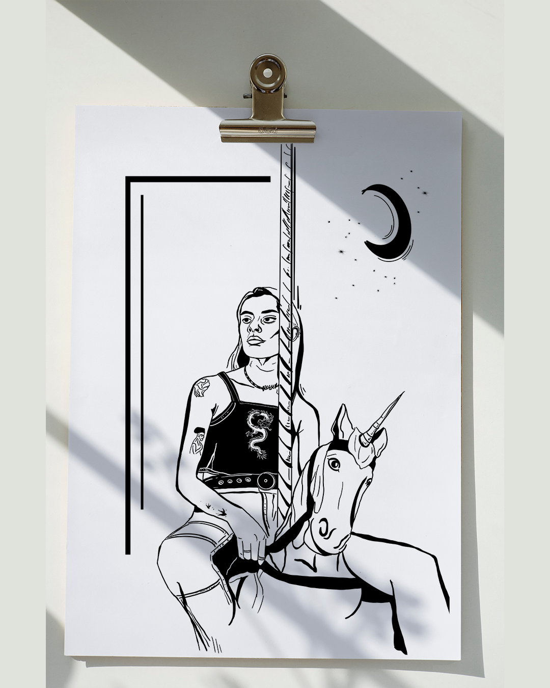 Courtney L Ellis Illustrations Art print by LGBTQ+ Illustration Artist Courtney Ellis. Wall art home decor and gifts. Black and white drawing of a tattooed girl sitting on a a unicorn with the moon behind her. Black and white art