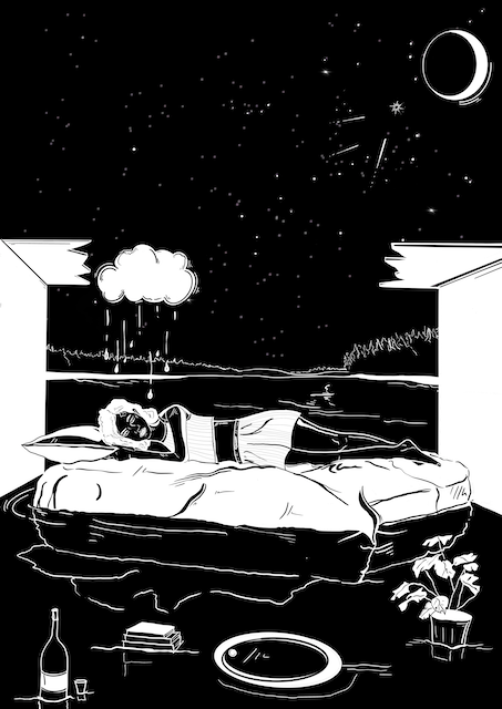 Courtney L Ellis Illustrations Art print by LGBTQ+ Illustration Artist Courtney Ellis. Wall art home decor and gifts. Black and white artwork art print of a woman lying on her bed in the middle of an ocean with a raincloud above her head she is sad and can not sleep due to a break up she says "you keep me up at night" the moon is above her.