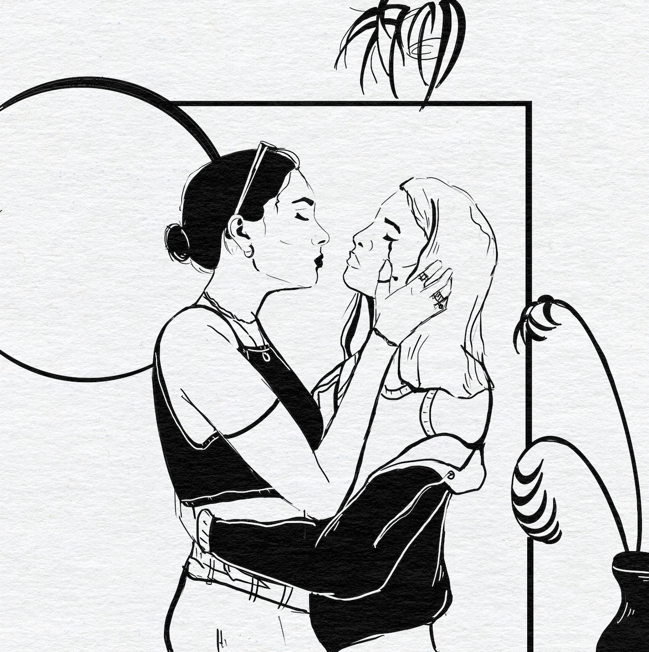Courtney L Ellis Illustrations Art print by LGBTQ+ Illustration Artist Courtney Ellis. Wall art home decor and gifts. Lesbian couple holding each other comforting one another whilst the other is crying art piece. black and white art