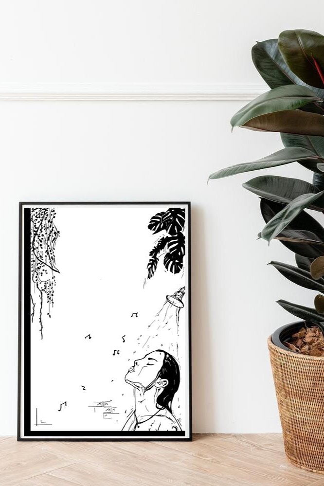 Courtney L Ellis Illustrations Art print by LGBTQ+ Illustration Artist Courtney Ellis. Wall art home decor and gifts. Long showers Loud Music Deep Thoughts. Woman showering with plans and music playing lost in her thoughts. Black and white drawing art print.