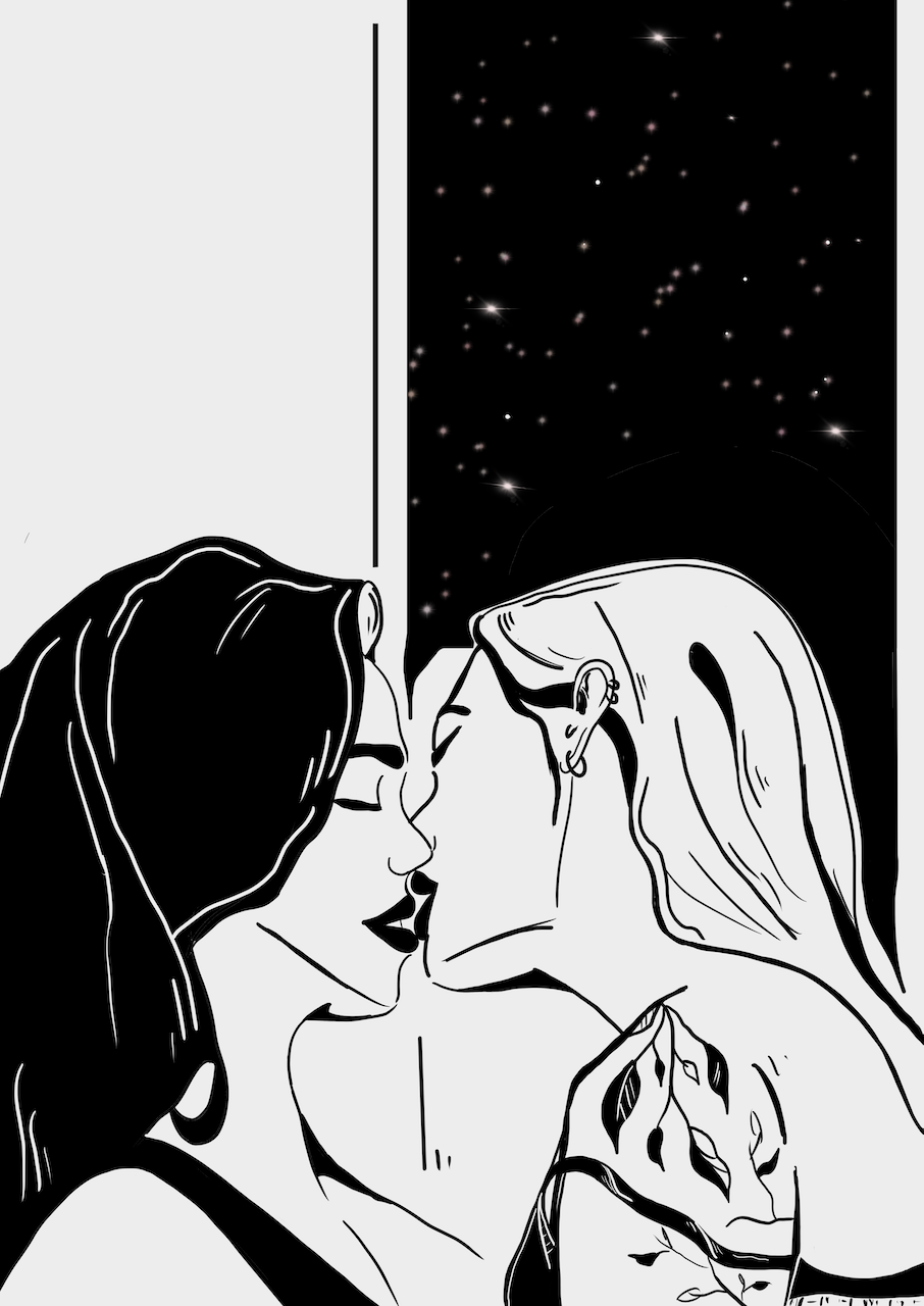 Courtney L Ellis Illustrations Art print by LGBTQ+ Illustration Artist Courtney Ellis. Wall art home decor and gifts. Set of 3 Art Prints wall decor of lesbians kissing A6, A4, A3.  Black and white art women in love sapphic love