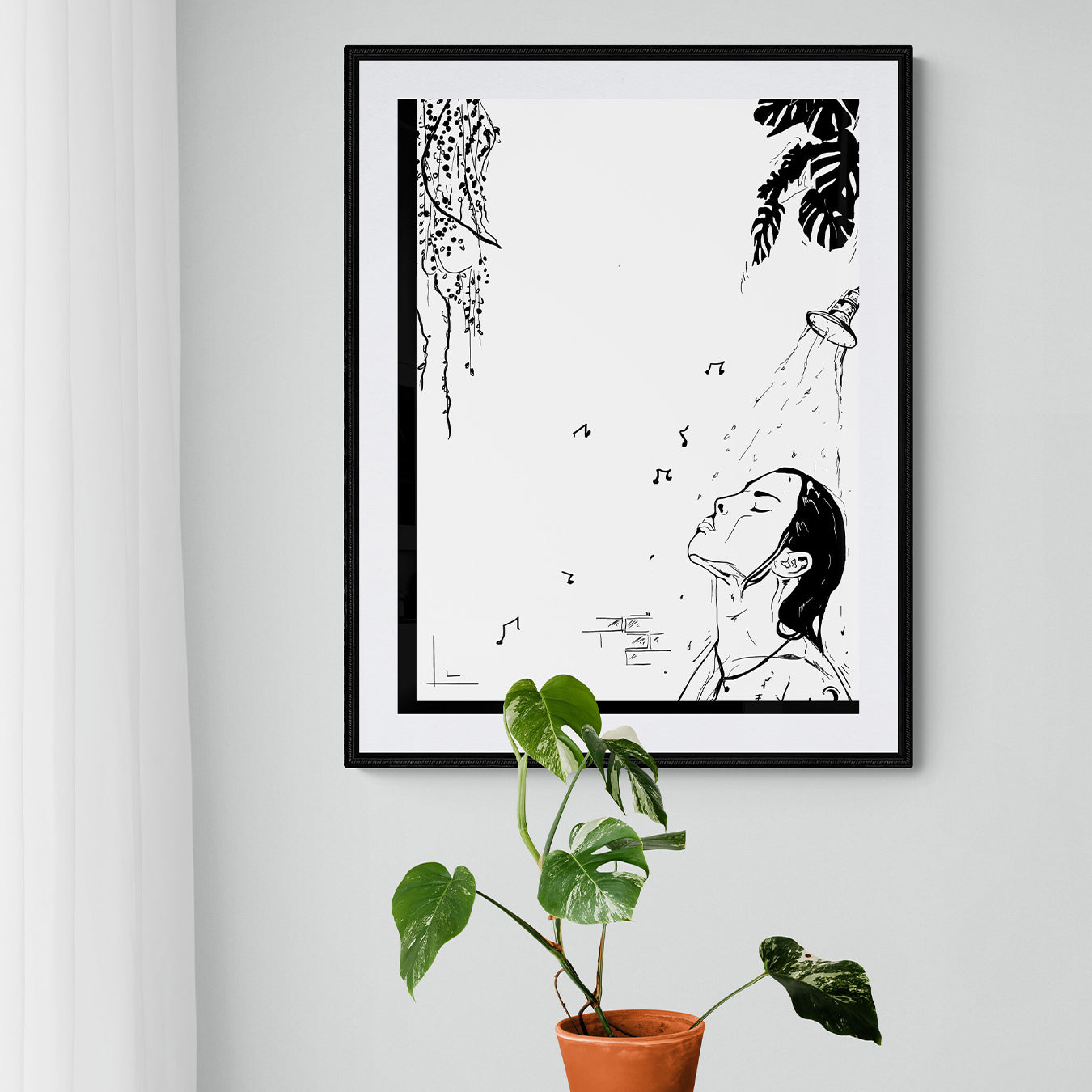 Courtney L Ellis Illustrations Art print by LGBTQ+ Illustration Artist Courtney Ellis. Wall art home decor and gifts. Long showers Loud Music Deep Thoughts. Woman showering with plans and music playing lost in her thoughts. Black and white drawing art print.
