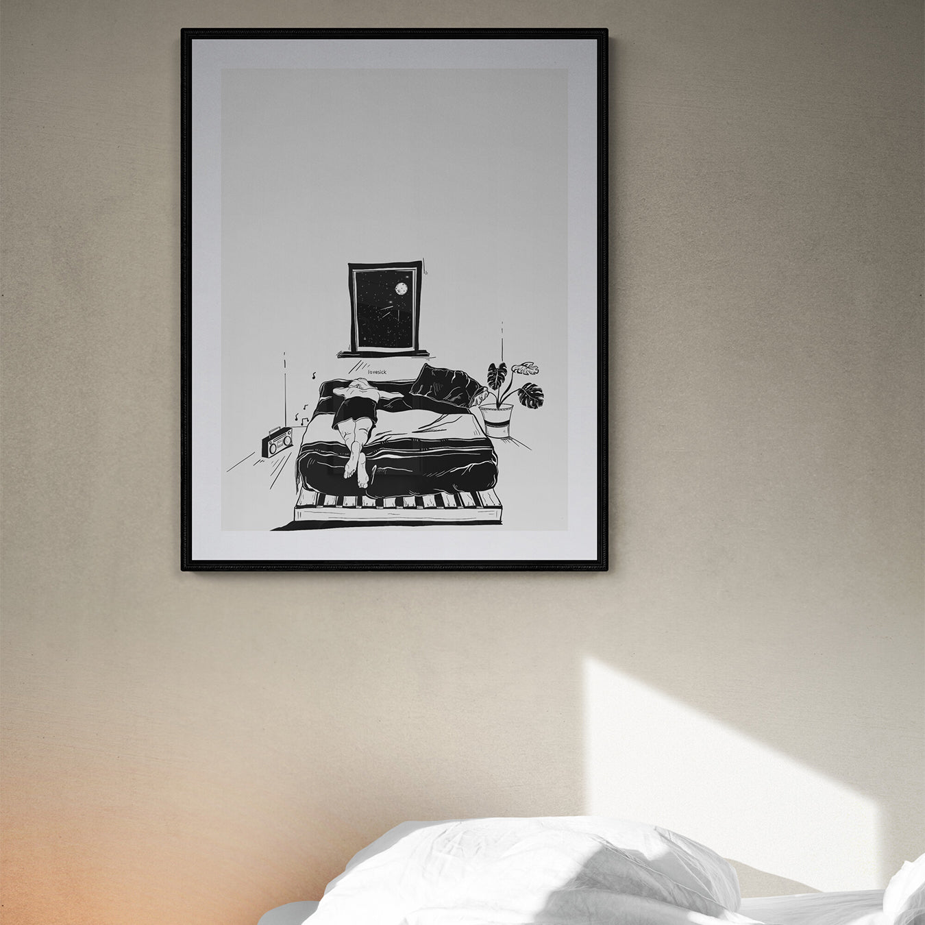 Courtney L Ellis Illustrations Art print by LGBTQ+ Illustration Artist Courtney Ellis. Wall art home decor and gifts. Lovesick girl lied in bed with music playing and moon out her window. soulful and meaningful artwork. Black and white line drawing. Plants. Home interior.
