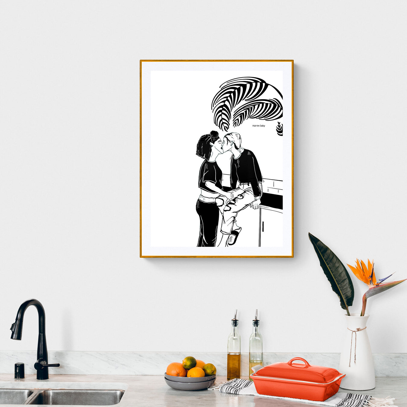 Courtney L Ellis Illustrations Art print by LGBTQ+ Illustration Artist Courtney Ellis. Wall art home decor and gifts. Lesbian couple kissing each other and saying good morning. Black and white art.