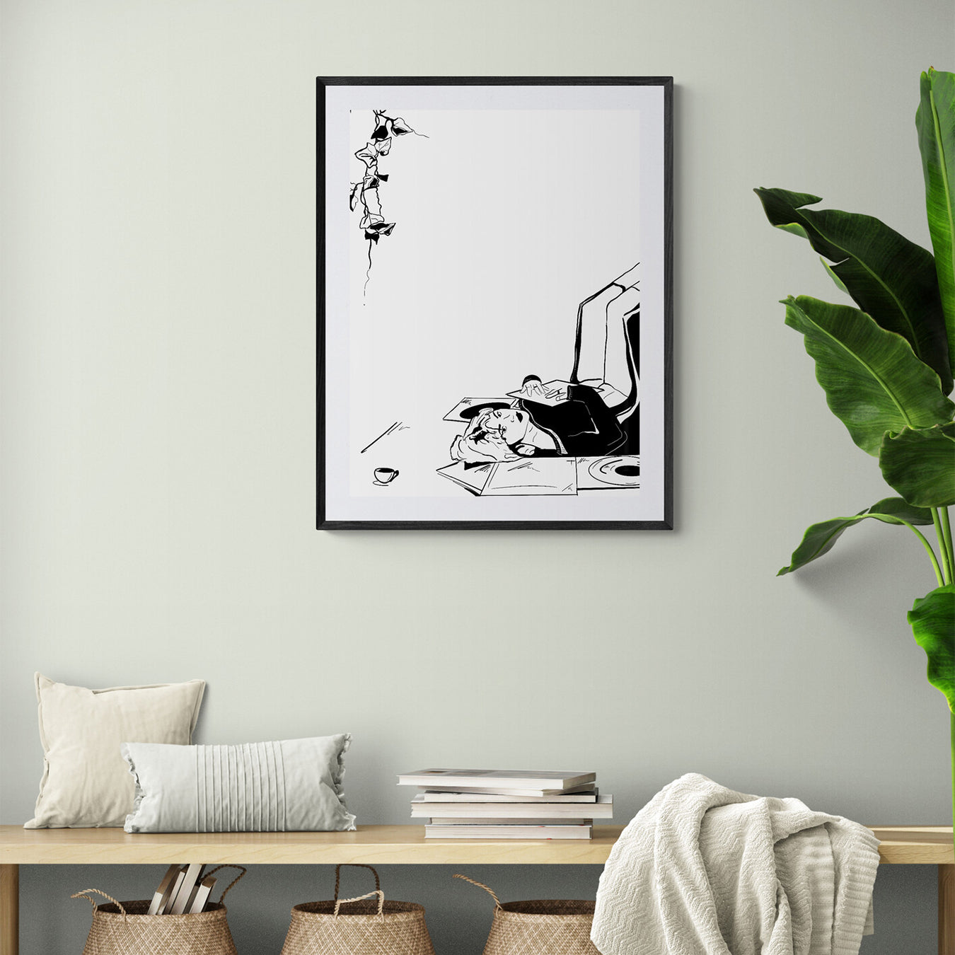 Courtney L Ellis Illustrations Art print by LGBTQ+ Illustration Artist Courtney Ellis. Wall art home decor and gifts. Jazz record collector black and white drawing of a girl holding her jazz record close to her chest with music records all around her. black and white art