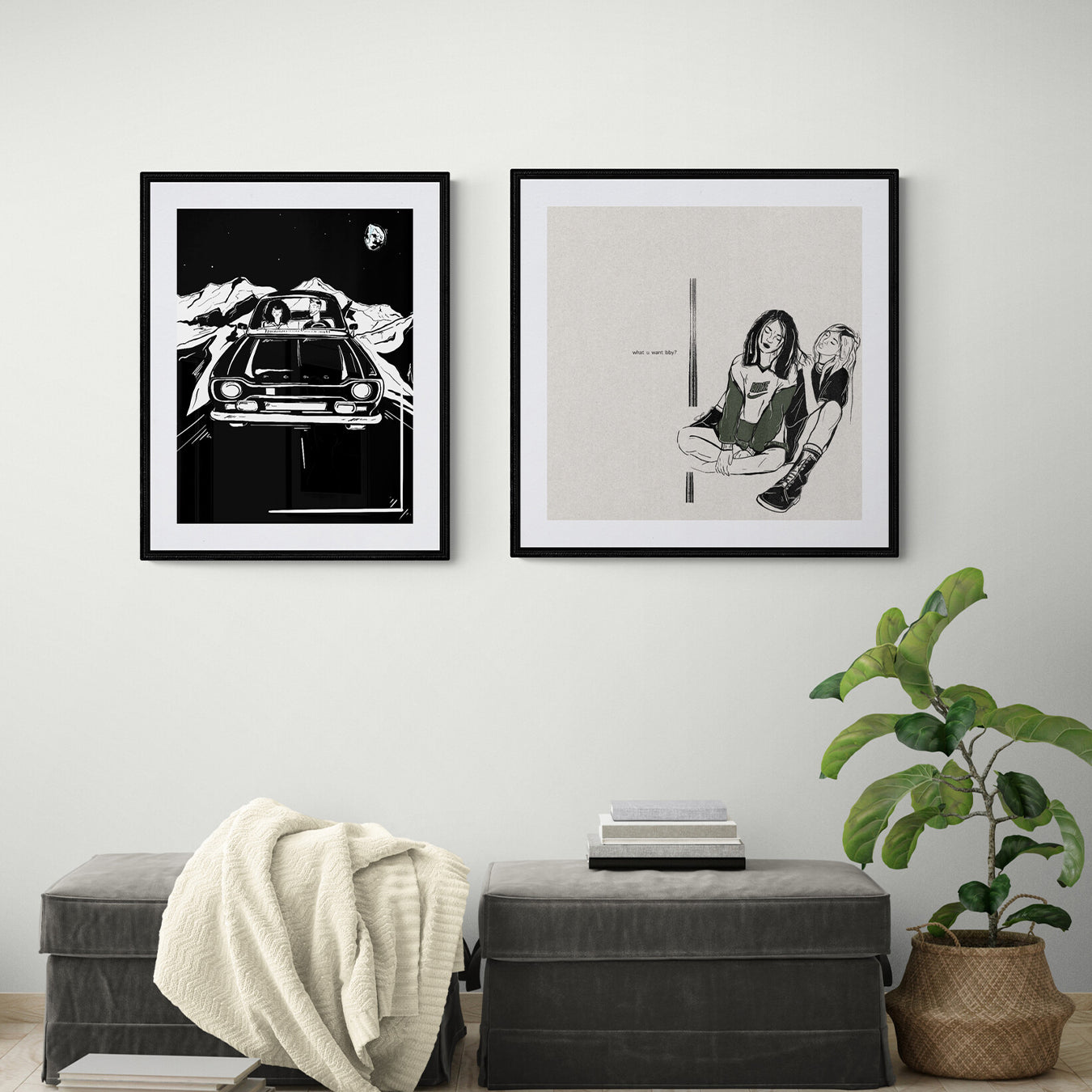 Courtney L Ellis Illustrations Art print by LGBTQ+ Illustration Artist Courtney Ellis. Wall art home decor and gifts. Drawing of a lesbian couple romantic girl playing with the other girls hair asking her "What do you want baby?" black and white artwork.