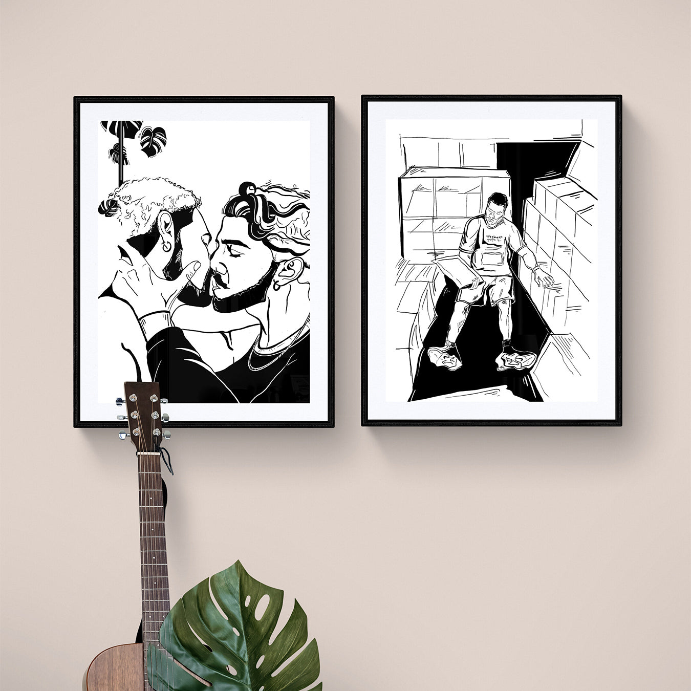 Courtney L Ellis Illustrations Art print by LGBTQ+ Illustration Artist Courtney Ellis. Wall art home decor and gifts. Art print of two gay guys kissing each other with plants surrounding them black and white art work